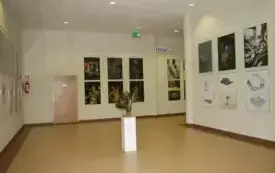 Aneks wystawowy II piętro, korytarz o beżowej podłodze i jasnoż&oacute;łtych ścianach, na kt&oacute;rych wywieszono obrazy w ramach wystawy. Na środku stoi biały mebel z posągiem.