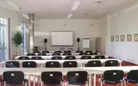 Sala wykładowa I piętro, o jasnozielonych ścianach, z czerwonym dywanem na podłodze i stołach oraz krzesłach ułożonych w rzędach.