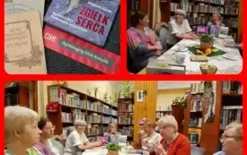 kolaż trzech zdjęć: wnętrze biblioteki podczas trwającego spotkania DKK, czytelniczki dyskutują siedząc przy stole, okładka omawianej książki oraz tomiki wierszy poetki.