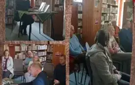 Kolaż  trzech zdjęć: prowadzący spotkanie omawia autorską prezentację, zgromadzeni w filii czytelnicy słuchają w skupieniu.