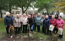 Grupa senior&oacute;w z bibliotecznym ogrodzie.