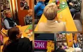 kolaż czterech zdjęć: klubowiczki przy stole wewnątrz biblioteki, okładka książki przy logo DKK.