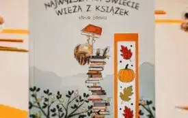 Jesienna zakładka do książki. W tle dzieci wykonujące taką samą pracę plastyczną.