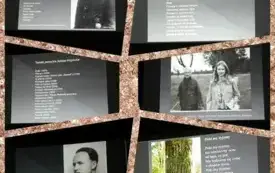 Kolaż  sześciu zdjęć: slajdy z prezentacji przedstawiające wiersze Przybosia oraz zdjęcia poety i jego c&oacute;rki Uty.