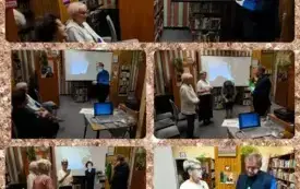 Kolaż  pięciu zdjęć: prowadzący spotkanie omawia autorską prezentację, trwa dyskusja na temat tw&oacute;rczości Przybosia.