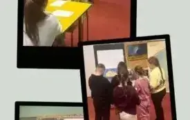 Kolaż z trzech zdjęć. Na g&oacute;rnym chłopiec stoi tyłem. Przed nim duża mapa fizyczna świata. Na środkowym grupa uczni&oacute;w ogląda mapę Afryki. Na trzecim uczeń stoi. Przed nim plansza z krzyż&oacute;wką.