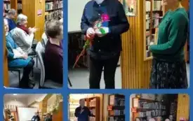 Kolaż  pięciu zdjęć: wnętrze biblioteki podczas trwającego spotkania literackiego, dyskusja po zakończeniu prezentacji.