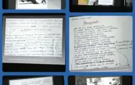 Kolaż  sześciu zdjęć: slajdy ze zdjęciami ukazującymi podobiznę poety oraz rękopisami jego utwor&oacute;w. 