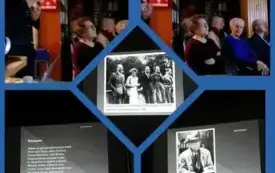Kolaż pięciu zdjęć: uczestnicy spotkania literackiego słuchają prowadzącego, slajdy przedstawiające wiersz poety oraz zdjęcia z podobizną artysty.