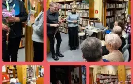 Kolaż  pięciu zdjęć: wnętrze biblioteki podczas trwającego spotkania literackiego, dyskusja po zakończeniu prezentacji.