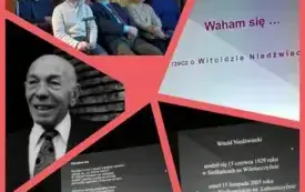 Kolaż pięciu zdjęć: uczestnicy spotkania literackiego oglądający prezentację pana Janusza Dreczki, slajdy przedstawiające fragmenty prezentacji i podobizna artysty.
