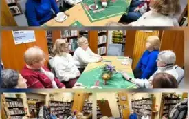 kolaż czterech zdjęć: uczestniczki DKK przy stole wewnątrz biblioteki