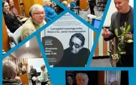 Kolaż  sześciu zdjęć: wnętrze biblioteki wypełnione uczestnikami spotkania, prowadzący wydarzenie pan Janusz Dreczka podczas dyskusji z czytelnikami oraz zdjęcie plakatu zapraszającego na wydarzenie.