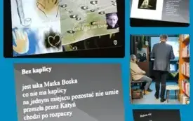 Kolaż  pięciu zdjęć: slajdy z prezentacji z treścią wierszy poety oraz wnętrze biblioteki podczas wydarzenia.