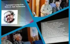 Kolaż czterech zdjęć: uczestnicy spotkania literackiego oglądający prezentację pana Janusza Dreczki, slajdy przedstawiające fragmenty autorskiej prezentacji.