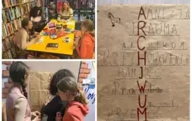 Kolaż zdjęć- na zdjęciach widoczna kobieta i trzy dziewczynki, na drzwiach wisi krzyz&oacute;wka z hasłem ARCHIWUM