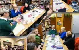 kolaż czterech zdjęć: uczestniczki DKK przy stole wewnątrz biblioteki