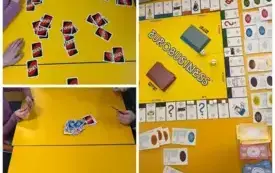 Kolaż zdjęć - Dzieci przy stole grają w Eurobiznes i karty UNO