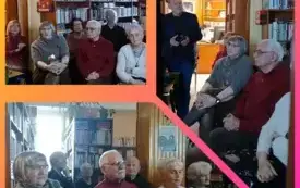 Kolaż trzech zdjęć: uczestnicy spotkania literackiego słuchający wspomnień pana Janusza Dreczki oraz oglądający wyświetlaną prezentację .