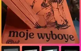 Kolaż  pięciu zdjęć: slajdy z prezentacji z treścią fraszek artysty oraz okładka książki &bdquo;moje wyboye&rdquo;.