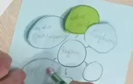 Na stole leży niebieska kartka z napisem przyjaźń i sześcioma polami częściowo wypwłnionymi, w dłoni oł&oacute;wek wymazujący tekst.