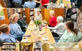 kolaż pięciu zdjęć: uczestniczki DKK przy stole wewnątrz biblioteki
