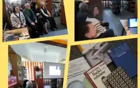 Kolaż  czterech zdjęć: uczestnicy spotkania literackiego oglądający prezentację pana Janusza Dreczki oraz wnętrze biblioteki podczas wydarzenia.