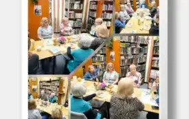 kolaż czterech zdjęć: klubowiczki przy stole w bibliotece