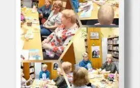 kolaż czterech zdjęć: uczestniczki DKK przy stole wewnątrz biblioteki