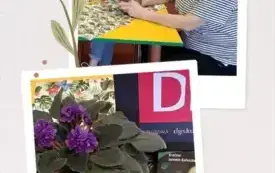Kolaż z dw&oacute;ch fotografii: U g&oacute;ry dwie kobiety siedzą przy stole i uśmiechają się. Na dole jest okładka książki i kwiatek