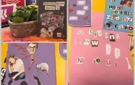 kolaż zdjęć- na stole leżą prace plastyczne zrobione z wycink&oacute;w z gazet.