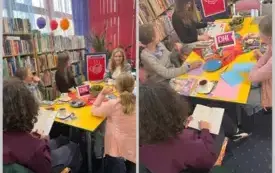 kolaż zdjęć- cztery dziewczynki i kobieta rozmawiają przy stole.
