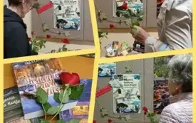 Kolaż z czterech zdjęć. Wnętrze Filii nr 8. Na trzech zdjęciach kobiety trzymające w dłoniach czerwone r&oacute;że i oglądające książki. W tle plakaty promujące Światowy Dzień Książki i Praw Autorskich. Czwarte zdjęcie przedstawia czerwoną r&oacute;żę leżącą na książka