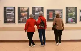 Trzy osoby tyłem do obiektywu oglądają wystawę