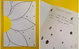 Na stole leżą podziękowania od grupy z motywem stokrotki. Jako podpisy dzieci widnieją odciski paluszk&oacute;w. 