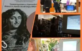 Kolaż  z czterech zdjęć: plakat z podobizną bohatera spotkania, autor prezentacji z uczestnikami wydarzenia.