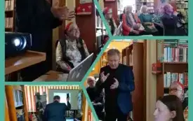 Kolaż  z czterech zdjęć: uczestnicy spotkania literackiego oglądający prezentację pana Janusza Dreczki oraz wnętrze biblioteki podczas wydarzenia.