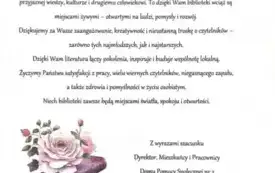treść otrzymanych życzeń w Dniu Bibliotekarza z grafiką kwiat&oacute;w i książek