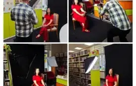 Kolaż sklada się z trzech zdjęć . Zdjęcie w lewym rogu. Młody mężczyzna w czarnej kurtce klęczy i robi zdjęcia aparatem fotograficzym. Zdjęcie w lewym dolnym rogu trzy osoby stoją i wsp&oacute;lne oglądają zdjęcia.