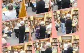 Kolaż dziewięciu zdjęć przedstawiających wnętrze biblioteki podczas rozdania nagr&oacute;d konkursowych.