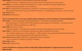 Program konferencji naukowej na pomarańczowym tle z logotypami organizator&oacute;w i patron&oacute;w