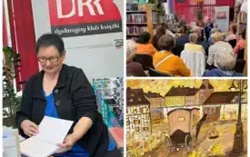 Autorka wpisuje dedykację do książki; Obraz przedstawiający dorożkę na tle gorzowskiej katedry.