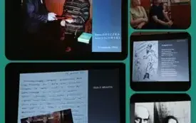 Kolaż z pięciu zdjęć: slajdy z prezentacji ukazujące Janusza Dreczkę oraz Jerzego Ficowskiego podczas spotkania w domu artysty w 1996 r., wnętrze biblioteki podczas wydarzenia literackiego oraz wiersz autora prezentacji.