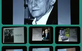 Kolaż z siedmiu zdjęć: slajdy z prezentacji przedstawiające wizerunki Ficowskiego oraz zdjęcia  Papuszy i jej pamiętnika.