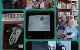 Kolaż  z pięciu zdjęć: slajdy z prezentacji, autor prezentacji z uczestnikami wydarzenia.