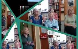Kolaż  z pięciu zdjęć: uczestnicy spotkania literackiego oglądający prezentację pana Janusza Dreczki oraz wnętrze biblioteki podczas wydarzenia.