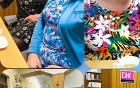 kolaż czterech zdjęć: uczestniczki DKK przy stole wewnątrz biblioteki i okładka książki