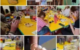 Kolaż zdjęć z czwartego dnia &ndash; dziewczynka wypisuje na tablicy symbole amerykańskiej popkultury; dzieci przy stolikach malują na szkle; na stolikach stoją lampiony m.in. z hamburgerem, flagą, kaktusami i Myszką Miki.