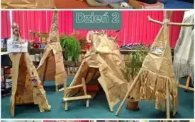 Kolaż zdjęć z drugiego dnia &ndash; dzieci siedzą w okręgu w wiosce indiańskiej; gotowe namioty tipi stoją pod oknami; dzieci konstruują tipi z długich rolek kartonowych i papieru pakowego.