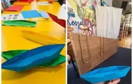 Kolaż zdjęć - Papierowe ł&oacute;deczki origami; Duża makieta statku z żagklem i sterem